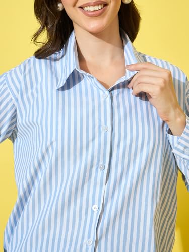 Image of DIMPY GARMENTS Women's Cotton Striped Oversized Long Sleeve Button-Down Shirt