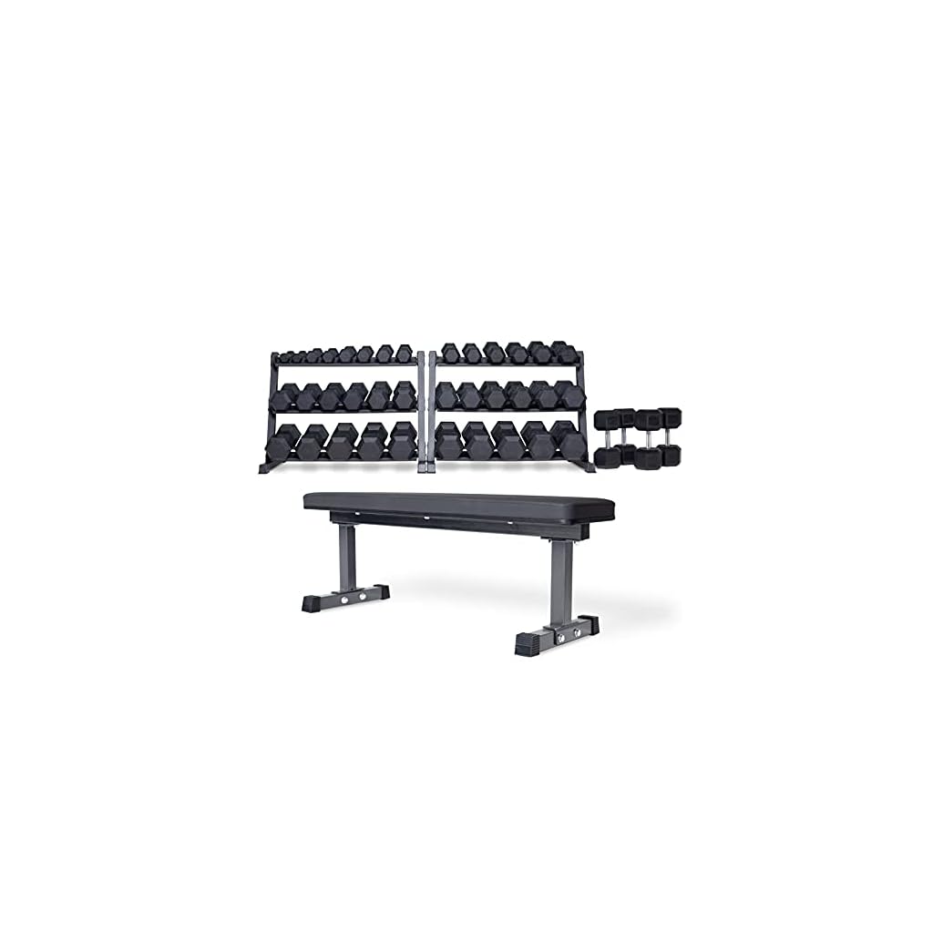 REP-FITNESS-Dumbbell-Set-with-Bench--5-50-5-75-or-5-100-Rubber-Hex-Dumbbell-Set-with-Either-Flat-or-Adjustable-Bench