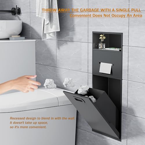 Image of SUPERFLO 6.2 Gallon Bathroom Trash Can Tilt Out Trash Bin Cabinet, Hidden Trash Can Cabinet Recessed Wall Mounted Stainless Steel with Toilet Paper Holder for Bathroom /Bedroom /Office Renovation,Black