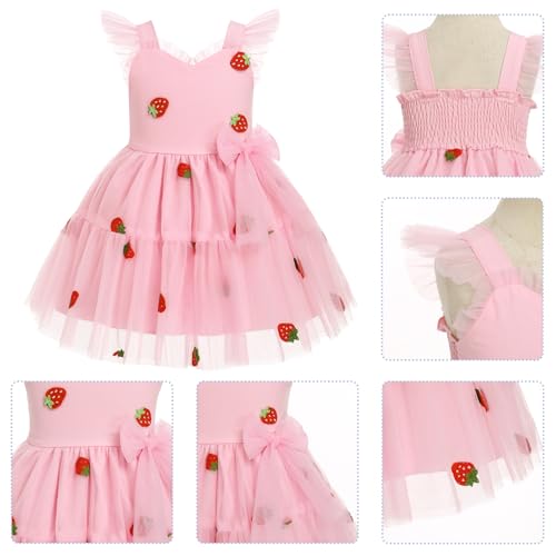 IMEKIS Toddler Girls Strawberry Floral Tulle Birthday Dress Elastic Back Summer Casual Party Dresses3