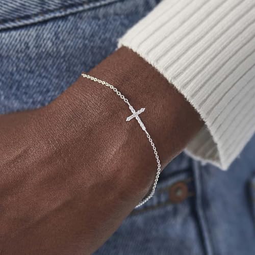 Moodear Dainty Cross Bracelet - 925 Sterling Silver/14k Gold Plated Diamond CZ Layered Snake Pearl Chain Knot Bracelets for Women Trendy Religious Christian Jewelry Gifts4