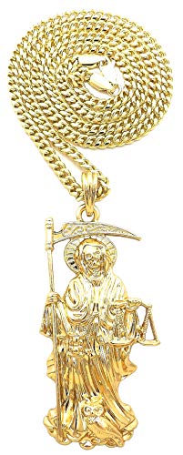 GWOOD Santa Muerte Pendant Necklace (GOLD COLOR WITH 24 INCH CUBAN CHAIN)