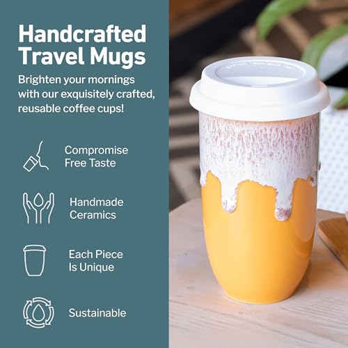 Image of NOVA CERAMICS Ceramic Tumbler- Ceramic Travel Mug With Lid - Microwave & Dishwasher Safe Coffee White & Orange Tumbler - Gifts For Women Men Him Her - 16oz - Grapefruit
