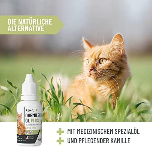 ReaVET Ohrmilbenöl Plus 25ml sofort wirksames Mittel für Katzen – gegen Ohrmilben mit Kamille für Katze, Sanfte Pflege bei Juckreiz im Ohr, Ohrentropfen Milben, Ohrenreiniger