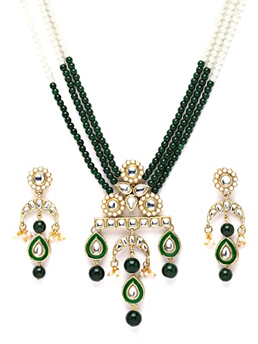 Image of Karatcart Red & Green Beaded Long Kundan Rani Haar Necklace Set for Women