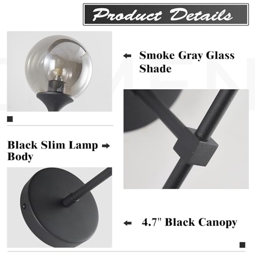 Image of KCO Lighting 1-Light Matte Black Mid Century Wall Sconce Set of Two Modern Bathroom Vanity Globe Wall Light Set of 2 Vintage Smoke Gray Glass Wall Bedroom Wall Lamp