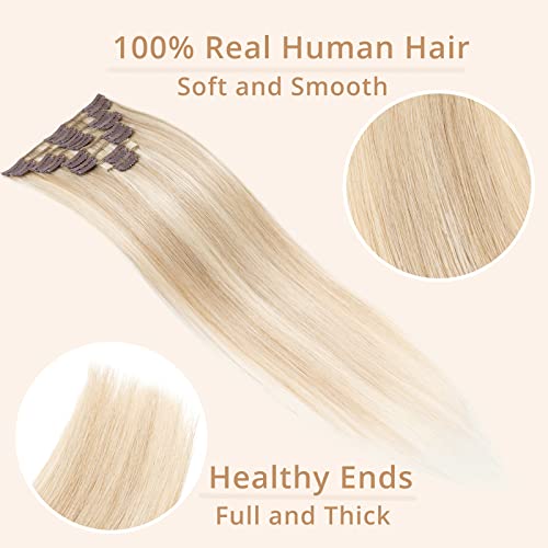TESS Clip in Hair Extensions Real Human Hair Highlighted Remy Seamless 8 Pieces Straight for Women/Girls (#18P613 Ash Blonde & Bleach Blonde - Image 2