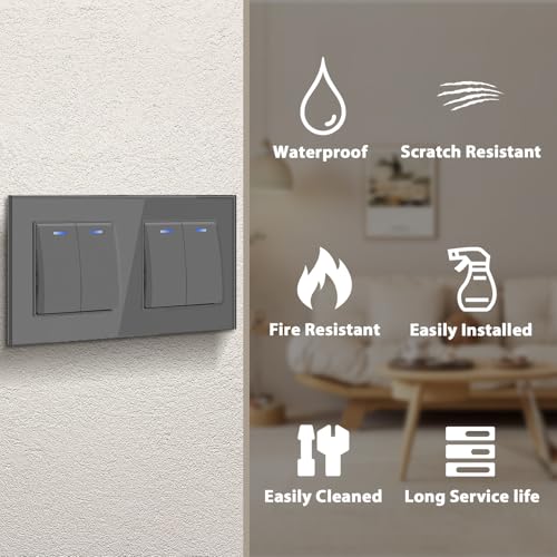 BSEED Lichtschalter Unterputz mit Steckklemme, Lichtschalter Glas 2 Fach 1 Weg+2 Fach 1 Weg, Taster Schalter Unterputz mit LED Kontrollleuchte, Wandschalter für Wohnzimmer, Büro, Küche-Grau