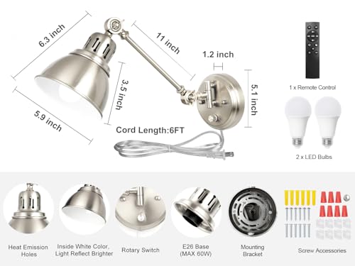 Image of 2 Pack Plug in Wall Sconces with Remote Control, Dimming, Adjustable Colors 2700K-6500K, Swing Arm Wall Lamps with Night Light & Timer, Plug-in or Hardwired, LED Bulbs Included, Brushed Nickel