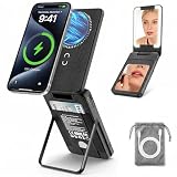 5-in-1 Magnetic Power Bank, 5000mAh Portable Wireless Charger with Mirror, Stand, Bluetooth Remote & Card Holder, MagSafe Compatible Travel Essential for iPhone & Samsung, USB-C Cable Included，Black