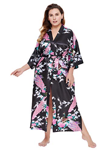 Image of BABEYOND Women's Kimono Robe Long Satin Robes with Peacock and Blossoms Printed Kimono Nightgown