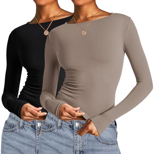 Image of AKEWEI Long Sleeve Crop Tops for Women 2 Pack Fall Going Out Outfits Cute Tight Basic Tees Shirt