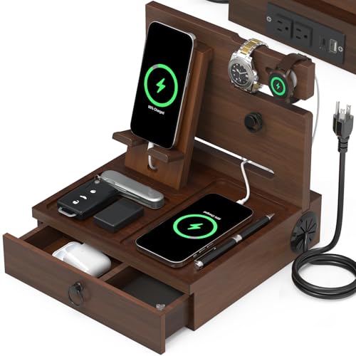 Station d'accueil de téléphone en bois avec ports USB et tiroir