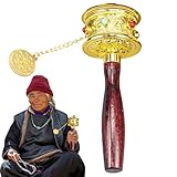 Handgekurbelte Gebetsmühle – Tibetische Meditationsmühle mit Holzgriff und geschnitztem Kristallrad aus Goldmetall | Handgehaltenes buddhistisches Gebetswerkzeug für Segnung, Entspannung, Yoga und