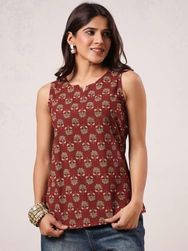 Image of Rimeline Women Printed Cotton Sleeveless Top | Stylish Casual Ethnic Top for Women | Soft Breathable Fabric Summer Top
