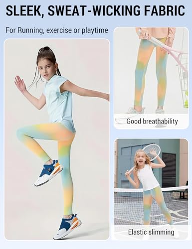 Image of Venzina Girls Printed Yoga Pants High Waist Athletic Leggings for Kids, Colorful Patterned Cropped Workout Pants for Running, Dance, Exercise & Casual Wear