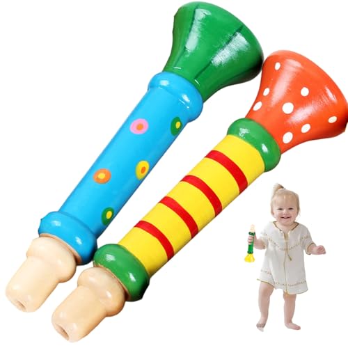 Trompette Jouet, Trompette Jouet 2 pièces Petite en Bois Mignonne et sûre pour Tout-Petits Faisant Semblant de Jouer des Instruments de Musique Amusants pour Les Tout-Petits 1 à 3 Ans, Couleur alé