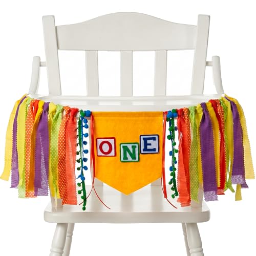 Image of 1st Birthday High Chair Banner, ONE Highchair Banner for Cake Smash, Colorful Circus First Birthday Decorations, Pre-Strung Fabric Tassel Cake Smash Garland Photo Prop