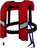 150N Unisex Automatic Life Jacket - Lightweight Inflatable Flotation Device with Reflective Patches, Whistle, Extra Tube - Suitable for Rowing, Boarding (Red)