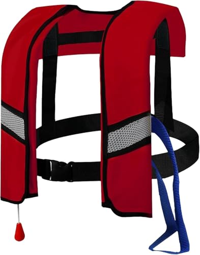 150N Unisex Automatic Life Jacket - Lightweight Inflatable Flotation Device with Reflective Patches, Whistle, Extra Tube - Suitable for Rowing, Boarding (Red)