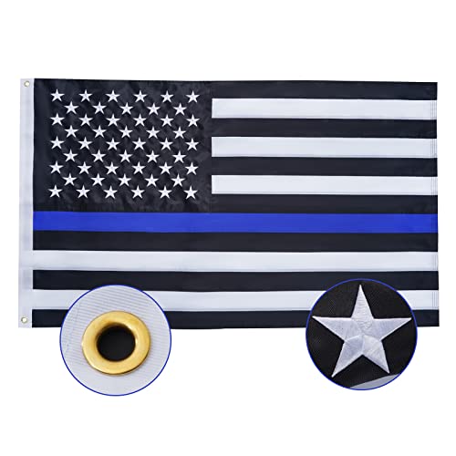 SYII Thin Blue Line Flag 2x3 Feet Outdoor Made in USA, Luxury Embroidered Stars and Double Stitched Sewn Stripes, Heavy Duty Pol