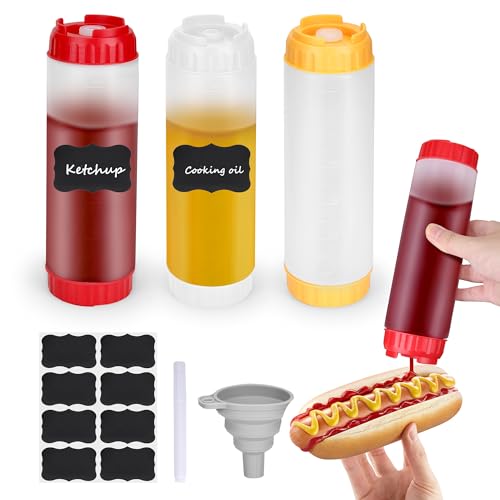 GouZaak 3pcs Inverted Condiment Squeeze Bottles, Leak-proof Refillable Sauce Container for All Types Liquid, Plastic 24oz Squeeze Dispenser for Ketchup Mustard Mayo Honey Syrup Oil