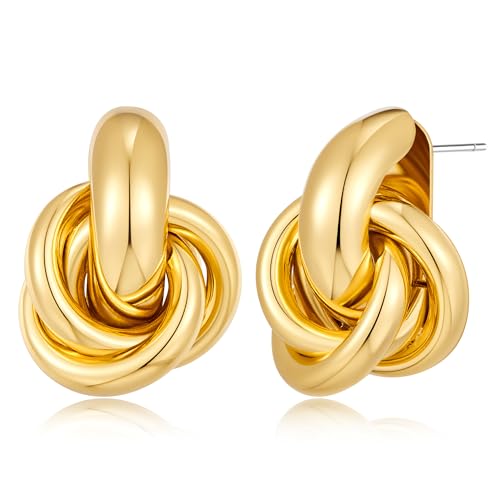 Gold Geometric Drop Dangle Earrings for Women 18K Chunky Trendy Knot Stud Small Twisted Link Earring Jewelry Gift