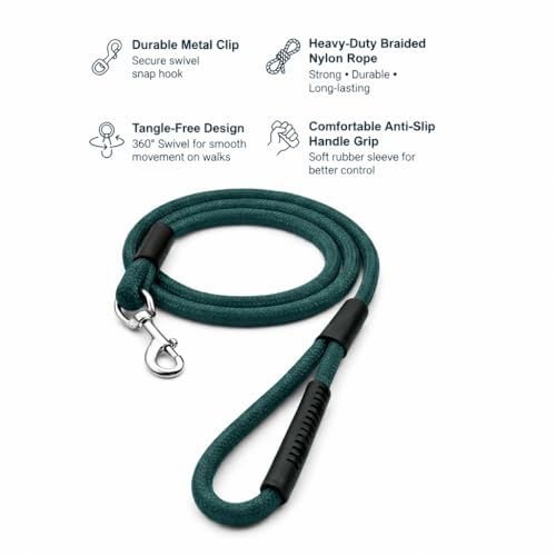 Image of Dog Leash for Large Dogs & Medium Dogs 5 Feet - Heavy Duty Nylon Rope 15mm Thick Leash with Anti Slip Rubber Handle - Tangle Free & Swivel Metal Clip (Green)