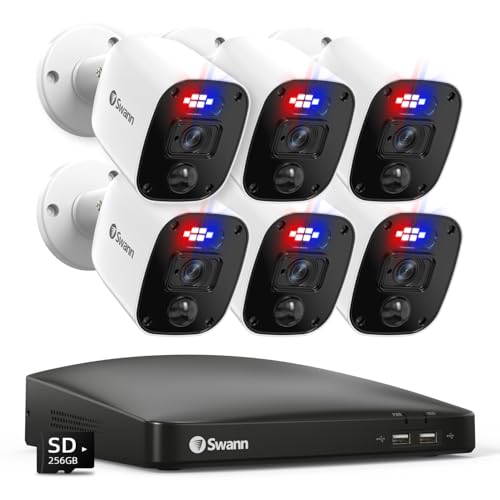 Swann Home Security Camera System 6 Cams H.265 Wired with Person Vehicle Detection 2k 8CH Surveillance DVR Kit-Deterrent Red & Blue Lights Color Night Vision 24/7 Recording 8468562KMQB