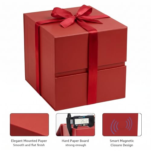 Image of LIFELUM Red Square Gift Box 8.6 x 8.6 x 8.6 inch, 1 Pack Gift Box with Lid Magnetic Closure Includes Greeting Card, Ribbon, Paper Filler for Wedding, Christmas, Birthday Gifts