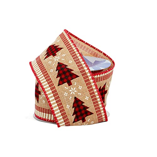 Image of Buffalo Plaid Christmas Trees Ribbon - 2 1 /2 inch x 10 Yards, Wired Edge, White Snowflakes, Glitter, Buffalo Check, Black, Red, Natural, Decor for Wreaths, Garlands, Bows