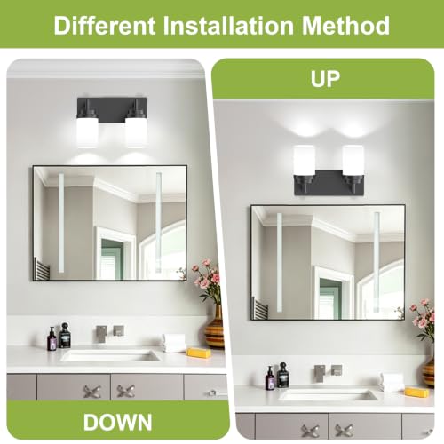 Image of Bathroom Light Fixtures, Matte Black Bathroom Lighting Fixtures Over Mirror, Modern Vanity Light with White Glass Shade, Restroom Lighting Fixtures, 2-Light 13-inch
