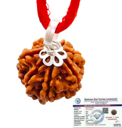 Image of Siddha 7 / Seven Mukhi Pure Rudraksha, Laboratory Certified, Carefully Capped with Silver Between Nepalese Beads with Handmade Tassel, Size 16-22mm, Color-Brown