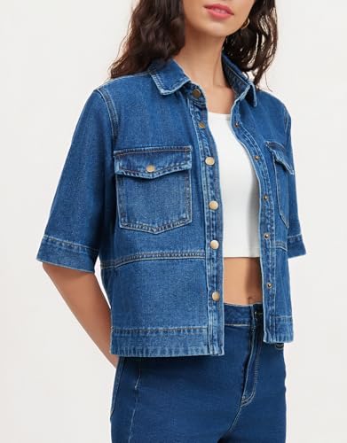 Ladyful Short Sleeve Denim Jacket for Women Lightweight Cropped Button Summer Down Jean Jacket Coat3
