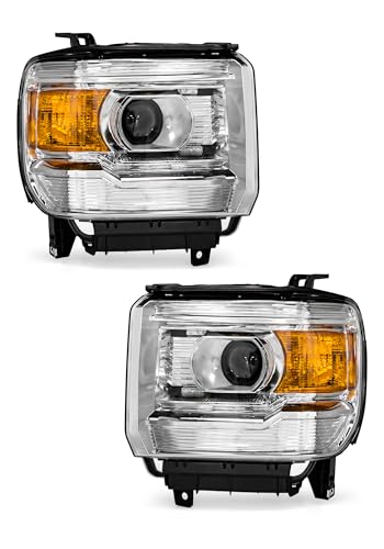 AXLAHA Headlight Assembly for 2014-2018 GMC Sierra 1500 | 2015-2019 GMC Sierra 2500 3500 Base Denali SLE SLT Chrome Housing Amber Reflector Halogen Headlamp Replacement Pair (Bulbs Not Included)