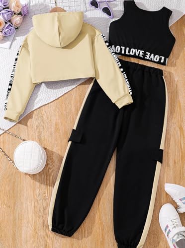 Image of Hilinker Girls Graphic 3 Piece Outfits Workout Hoodie Crop Tank and Sweatpants Set