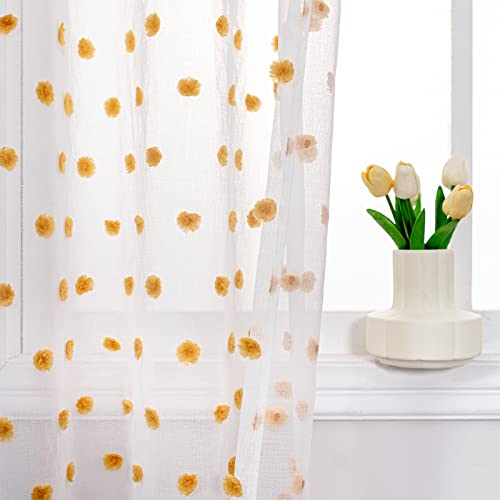 Image of MYSKY HOME Orange Pom Pom Sheer Curtains for Living Room 95 Inches 2 Pieces