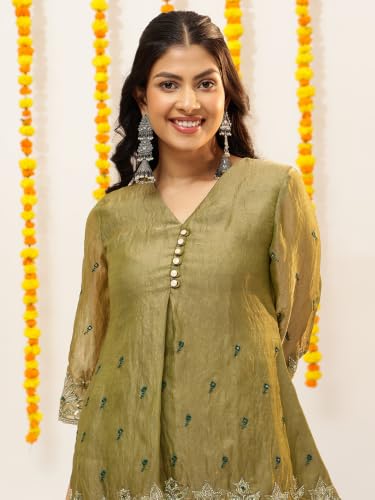 Image of Vbuyz Women Floral Embroidery Stylish A-Line Fandy Silk Kurta With Palazzo