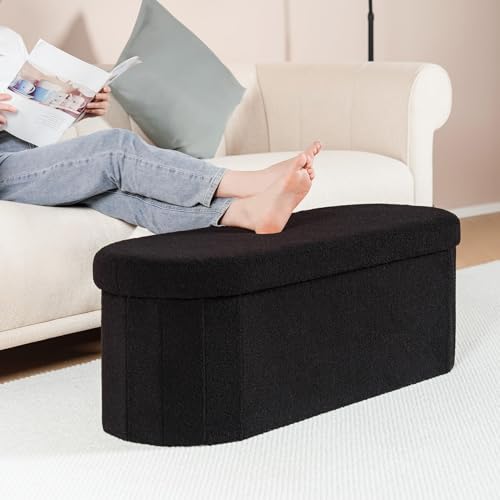 Image of B FSOBEIIALEO Ottoman with Storage for Living Room, Sherpa Folding Storage Ottoman Foot Rest, 43.3 Inches Collapsible Bedroom Bench Black