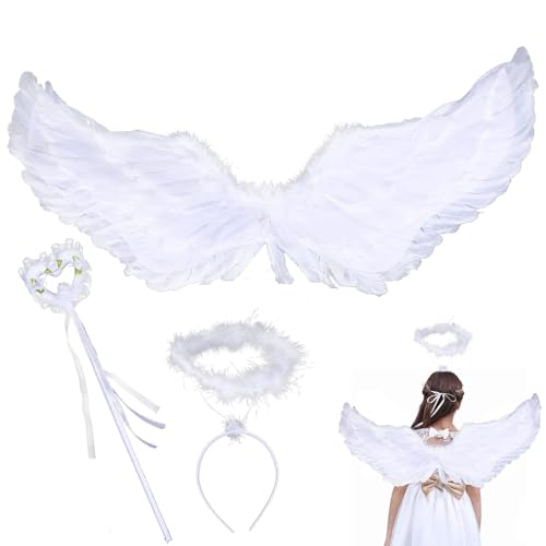 MORAINJAY Disfraz de Ángel Blanco para Halloween,Alas de Ángel con Halo y Varita Mágica de Hada 80x35cm,Disfraz de Carnaval para Mujer y Niña, para Fiesta,Navidad y Cosplay