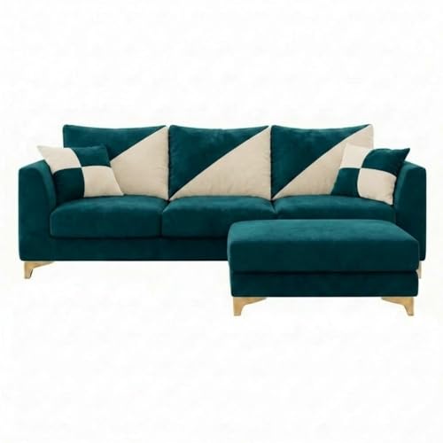 Image of Juliet 4 Seater L Shape Sofa Set with Movable Ottomans | Flexible Layout | Rich Velvet Suede Fabric | Silver Legs | Dual Tone Modern Sofa for Living Roomn(Green Teal-Cream)