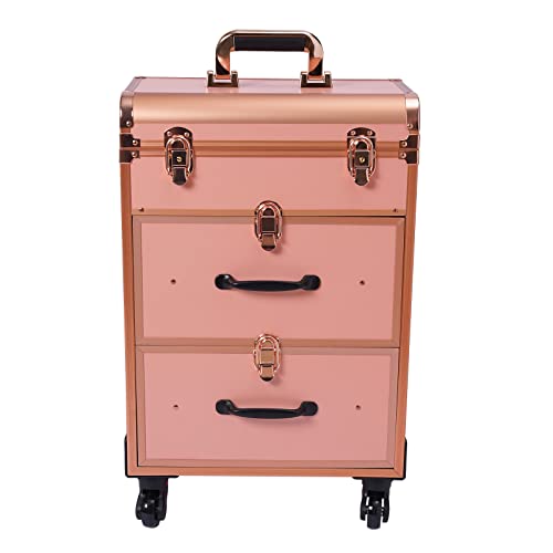 Giciashop Travel Makeup Case Rolling Cosmetic Train Case for Storage,3 Layer Aluminum Alloy Frame Make-Up Artists Nail Technicians Lockable Box Travel Makeup Organizer with Wheels (Rose Gold)