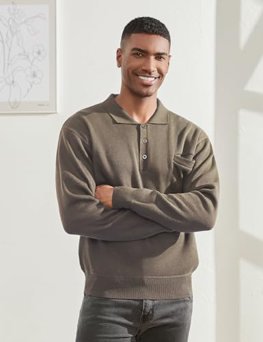 Men's Knit Polo Sweater Classic Casual Long Sleeve Fall Fleece Lined Button Collar Pullover Sweaters4