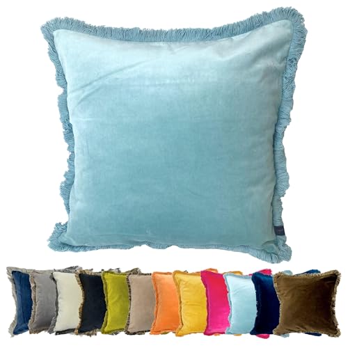 Ragged Rose Felicity Fringe Velvet Cushion Cover - 50cm x 50cm Covers with Zip-Fastening - Living Room & Bedroom Accessories - Duck Egg