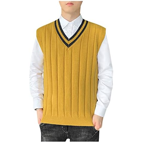 Men's V-Neck Pullover Sweater Vest Classic Fit Casual Knitted Sleeveless Jumpers Vest Yellow Cover