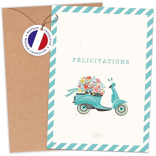 aliceandberry Carte Heureux Mariage - Félicitations Mariage - Voeux Cérémonie - Vespa Vintage Champêtre Original - Enveloppe kraft fournie