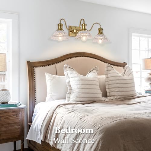 Image of Champagne Gold Vanity Lights, 3-Light Bathroom Light Fixtures with Clear Glass Shade, Vintage Vanity Lights Over Mirror, Farmhouse Wall Light for Bathroom, Vanity Table, Bedroom, Hallway
