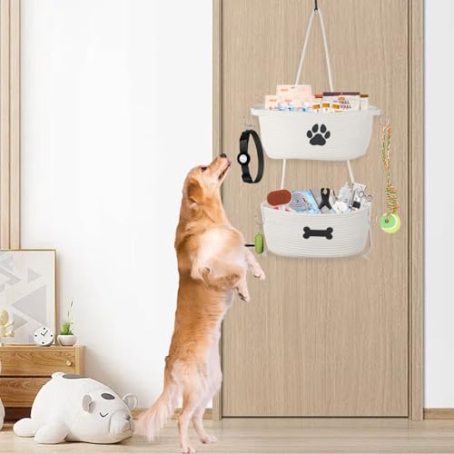 2-Tier Dog Baskets,Over Door Hanging Oganizer for Pet Stuff with Metal Hooks,Cotton Rope Wall-Mounted Storage Organizer for Dog Leash/Harness/Small Toys/Trash bag - Beige - Image 4