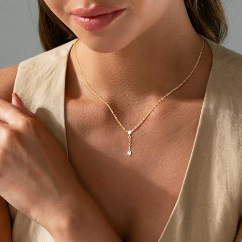 Gold/Silver Necklaces for Women, Dainty 14K Real Gold/Sterling Silver Plated Y-Shaped Necklace CZ Drop Chain Pendant Necklace Trendy Jewelry Gifts for Women3