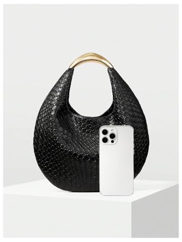 Image of QWINEE Women's Woven Handbag Elegant Clutch Purse Metal Top Handle Cresent Evening Bag Retro PU Leather Clutch Purse